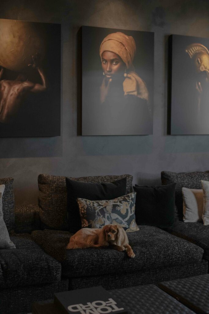 A dimly lit room features three artworks, with a central portrait of a woman in a headwrap. Below, a relaxed dog lounges on a sofa adorned with textured cushions.
