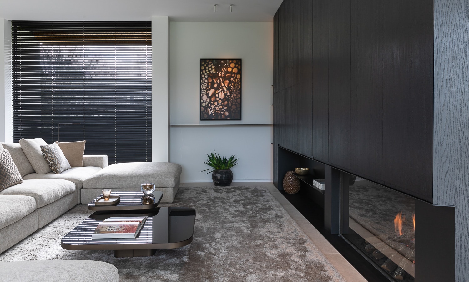 A modern living room with a black fireplace.