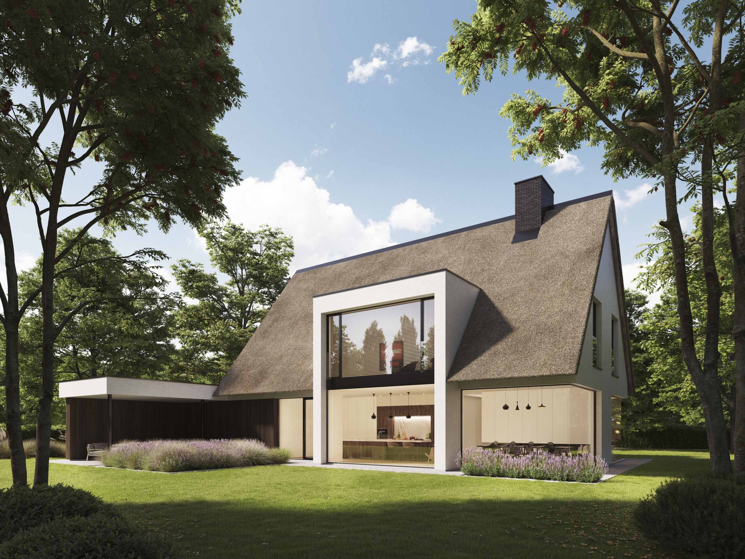 Modern huis met getextureerd dak, groot raam, gelegen tussen weelderige bomen, met een uitnodigende buitenruimte.