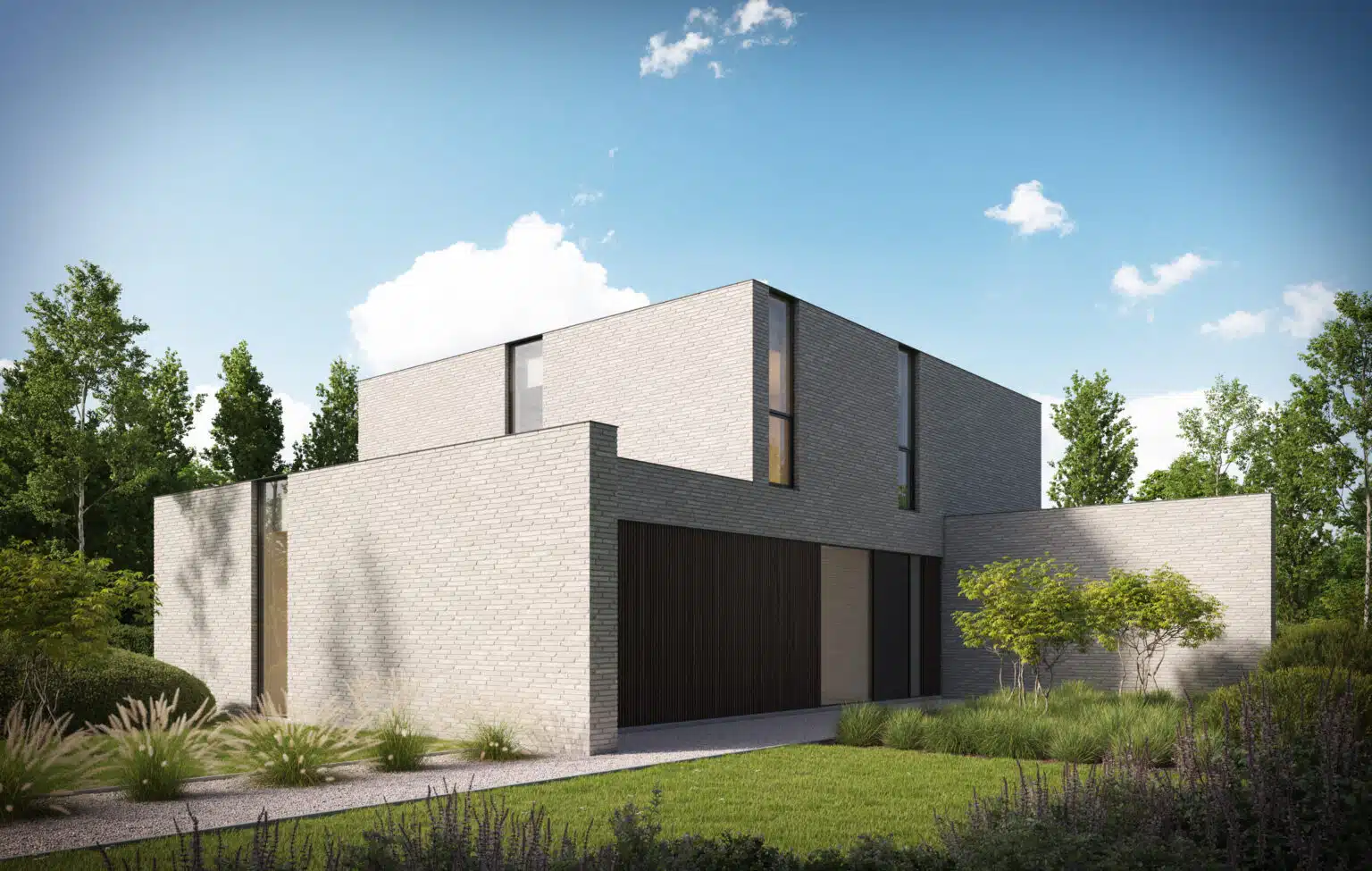 Strakke moderne villa met grote raampartijen en een minimalistisch ontwerp, voorzien van een zwembad en omgeven door groen – gerealiseerd door Sels Villabouw.