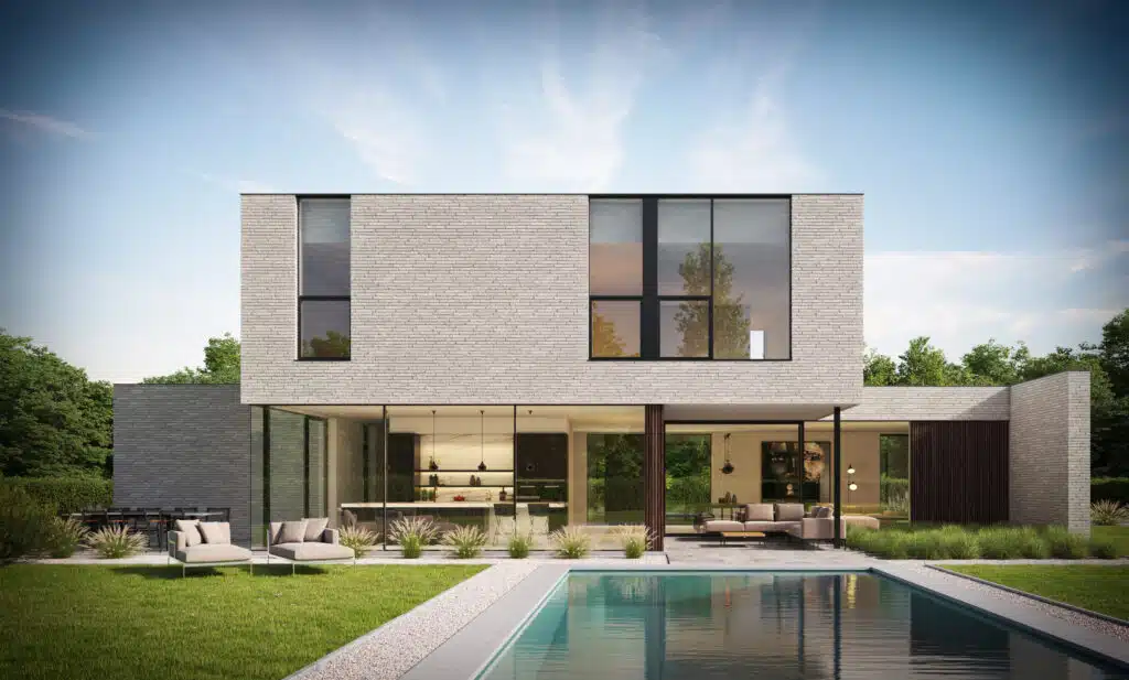 Strakke moderne villa met grote raampartijen en een minimalistisch ontwerp, voorzien van een zwembad en omgeven door groen – gerealiseerd door Sels Villabouw.