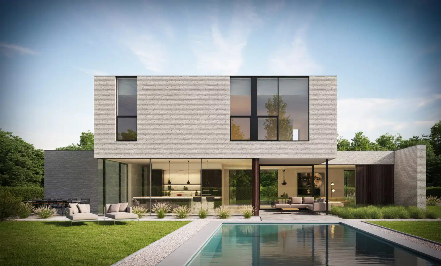 Strakke moderne villa met grote raampartijen en een minimalistisch ontwerp, voorzien van een zwembad en omgeven door groen – gerealiseerd door Sels Villabouw.