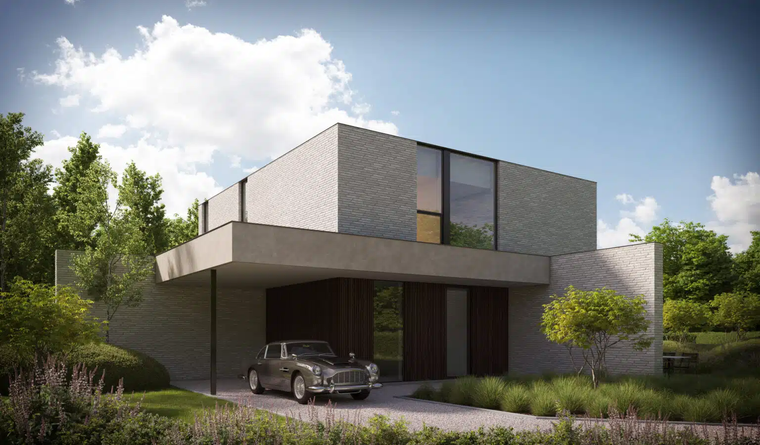 Strakke moderne villa met grote raampartijen en een minimalistisch ontwerp, voorzien van een zwembad en omgeven door groen – gerealiseerd door Sels Villabouw.