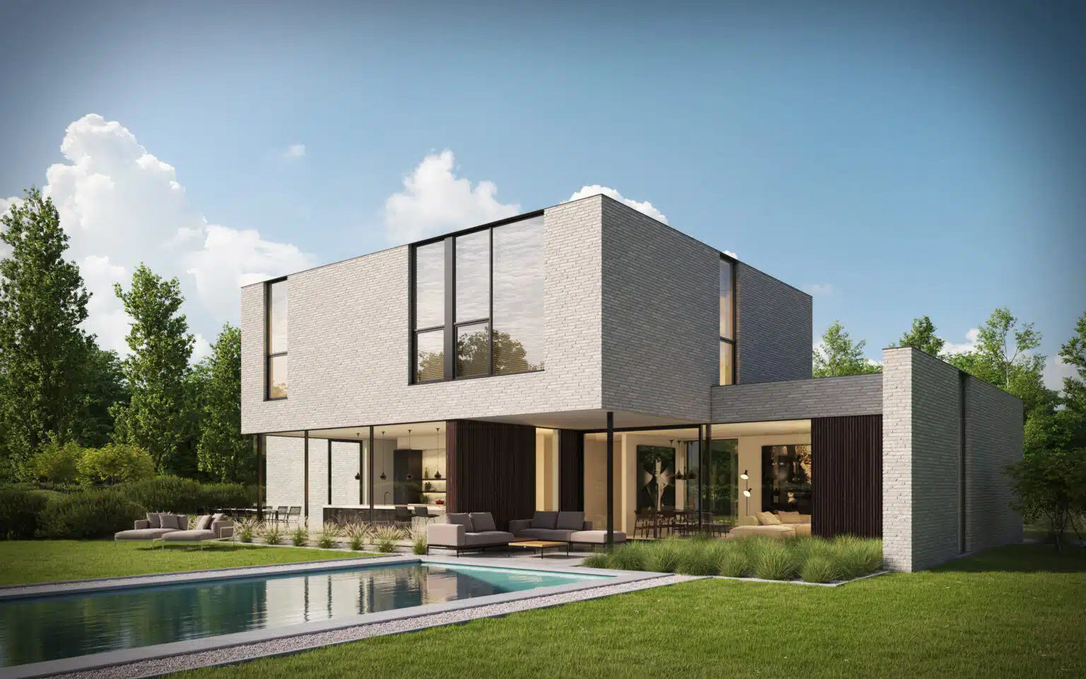 Strakke moderne villa met grote raampartijen en een minimalistisch ontwerp, voorzien van een zwembad en omgeven door groen – gerealiseerd door Sels Villabouw.