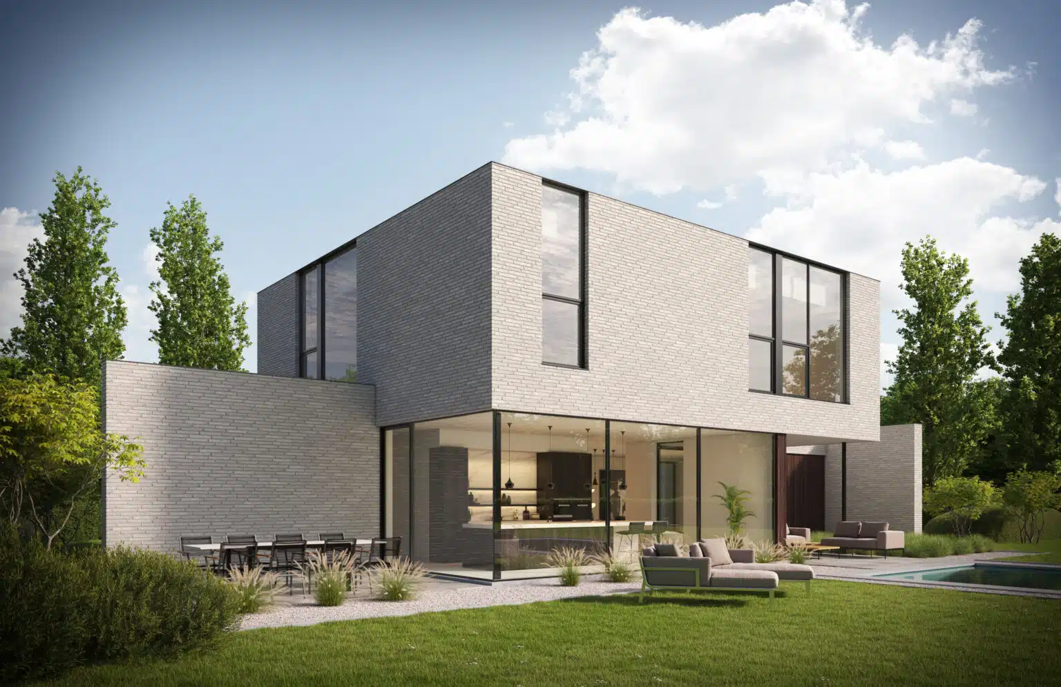 Strakke moderne villa met grote raampartijen en een minimalistisch ontwerp, voorzien van een zwembad en omgeven door groen – gerealiseerd door Sels Villabouw.