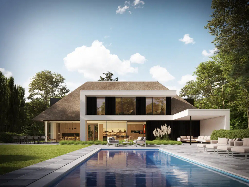 Moderne villa met klassieke elementen en rieten dak, ontworpen door Villabouw Sels staat te koop.