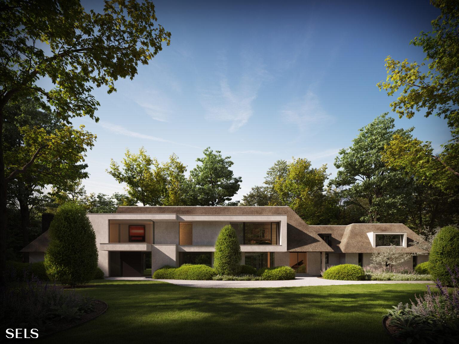 Moderne villa met rieten dak, grote ramen en een strakke architectuur, omgeven door groen en bomen – ontworpen door Sels Villabouw.