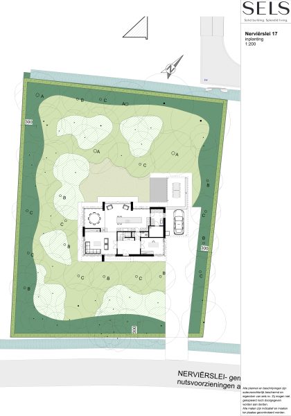 A site plan showing the layout of a residential property with surrounding landscape. The plan includes a detailed floor layout of the house, designated parking space, and varied green spaces with labeled trees and plants.